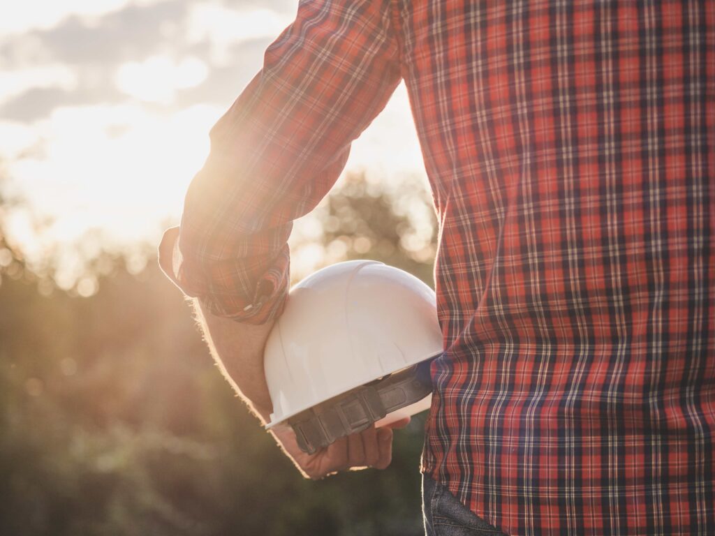 industrial worker hard hat back view american