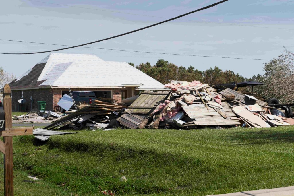 Hurricane-damaged roof on a Louisiana home